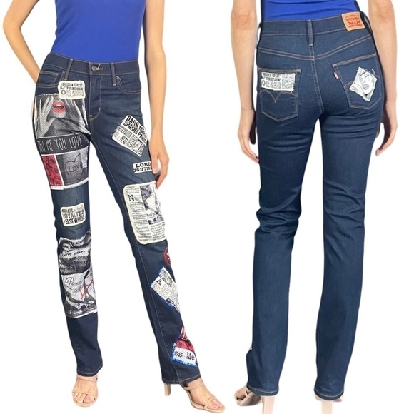 LEVI'S SLIMMING STRAIGHT HIGH RISE CUSTOMIZED HARRY POTTER PATCH DARK DENIM JEAN - Picture 1 of 15